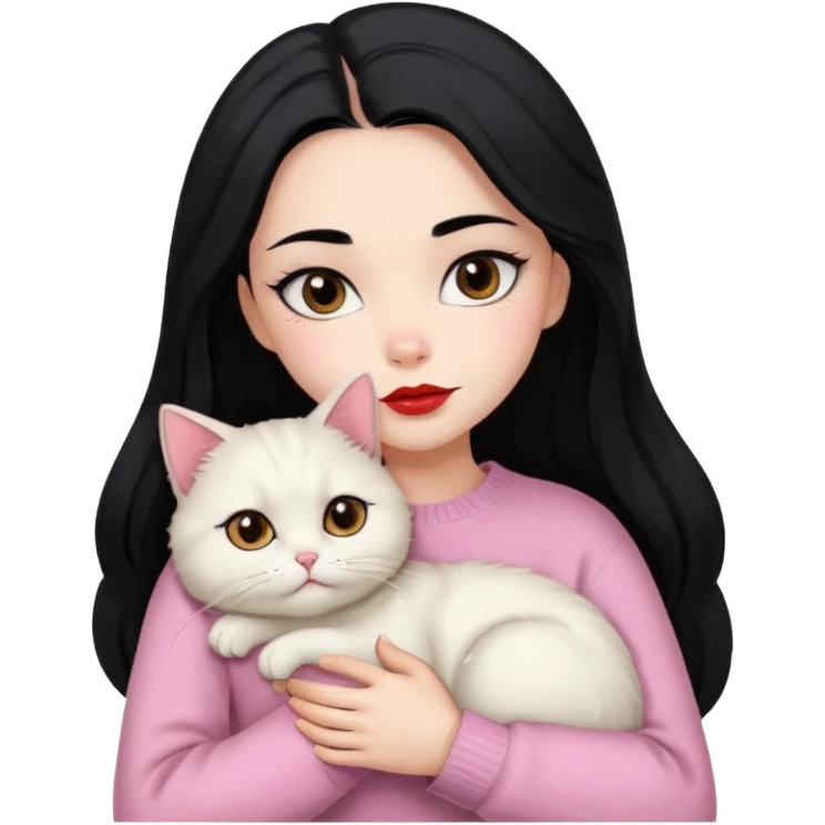 Beautiful Girl Long Hair black, Brows Big , Skin White, Sweater Pale Pink , Big Red Lips, Eyes coffe, Hug Little baby Persa Cream Cat With Cute Eyes emoji