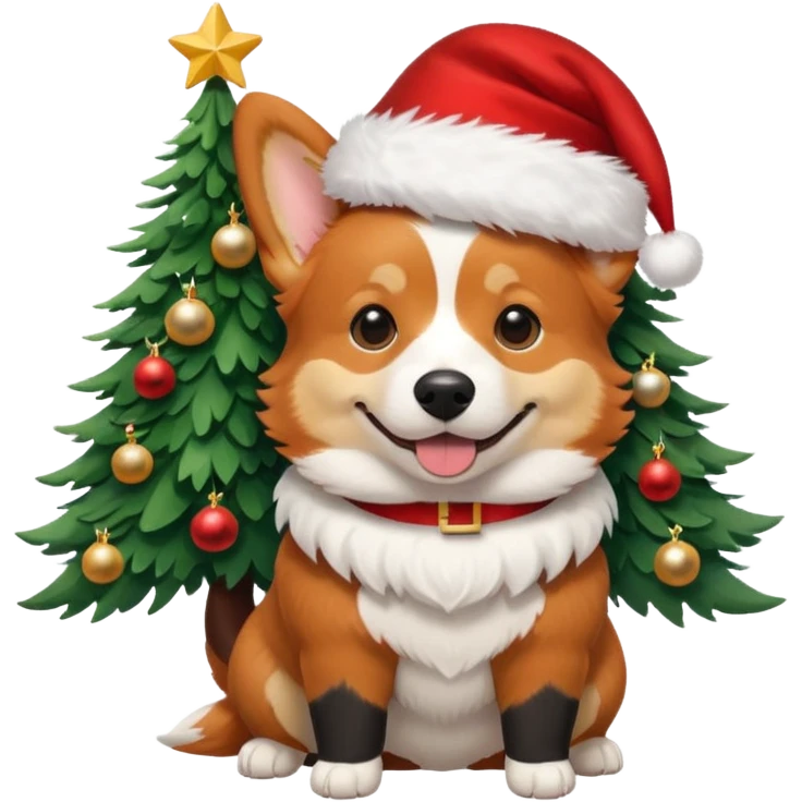 tricolor (black and red head) corgi with santa hat on and christmas tree near emoji
