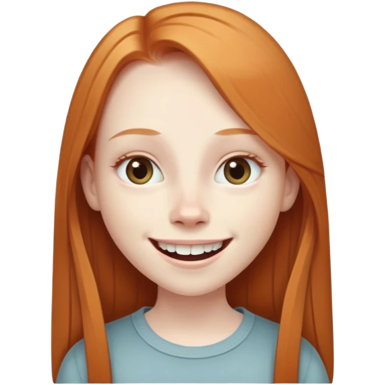 traditional emoji of young girl with very pale skin, long straight muted ginger hair (less vibrant), elongated oval face, bigger human-like eyes positioned close together, wide nose, friendly big smile with very large prominent teeth, less intense expression emoji