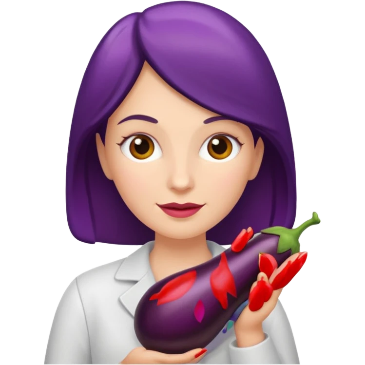 White woman holding an aubergine emoji