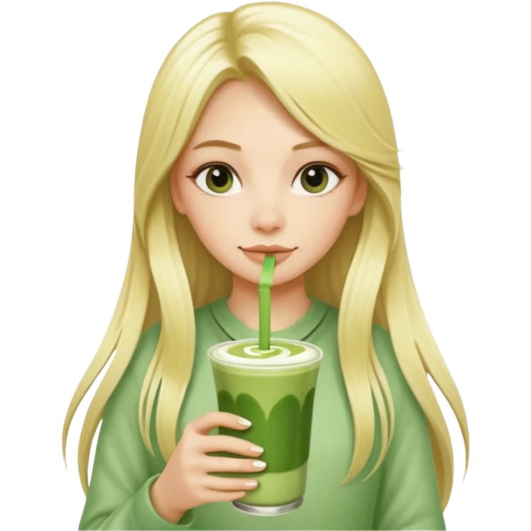 blonde luxury long hair girl with 1 drink of matcha latte and a lot of straws emoji
