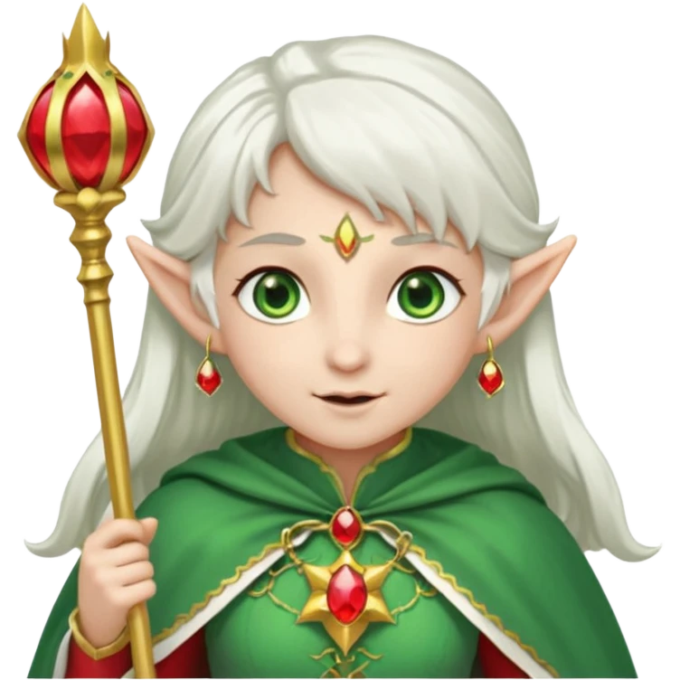 an elf with very white hair and two long PONYTAILS/pigtails on the side of her head, she has a curtain bang, green eyes, she has a white cape with golden borders and a scepter with a red orb, she has earrings that look like red drops emoji