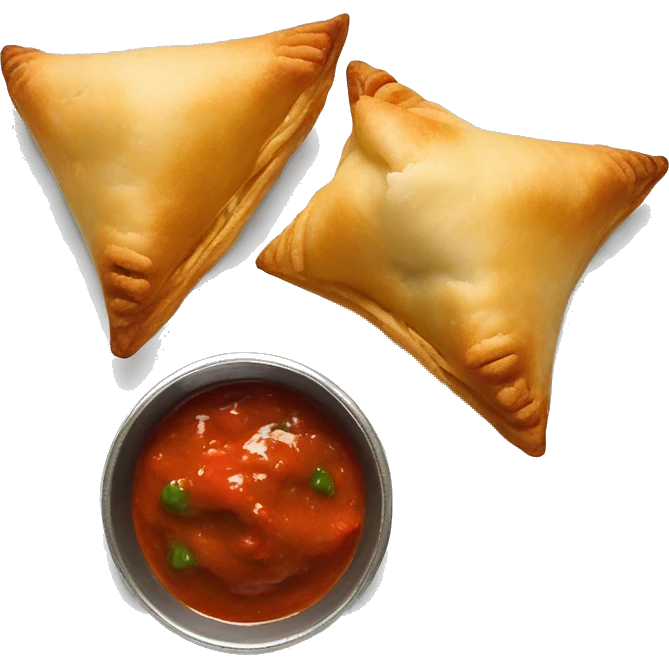 2 Samosas with red and green chutney on the side emoji