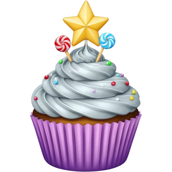 cupcake with silver frosting and a star-shaped candy emoji