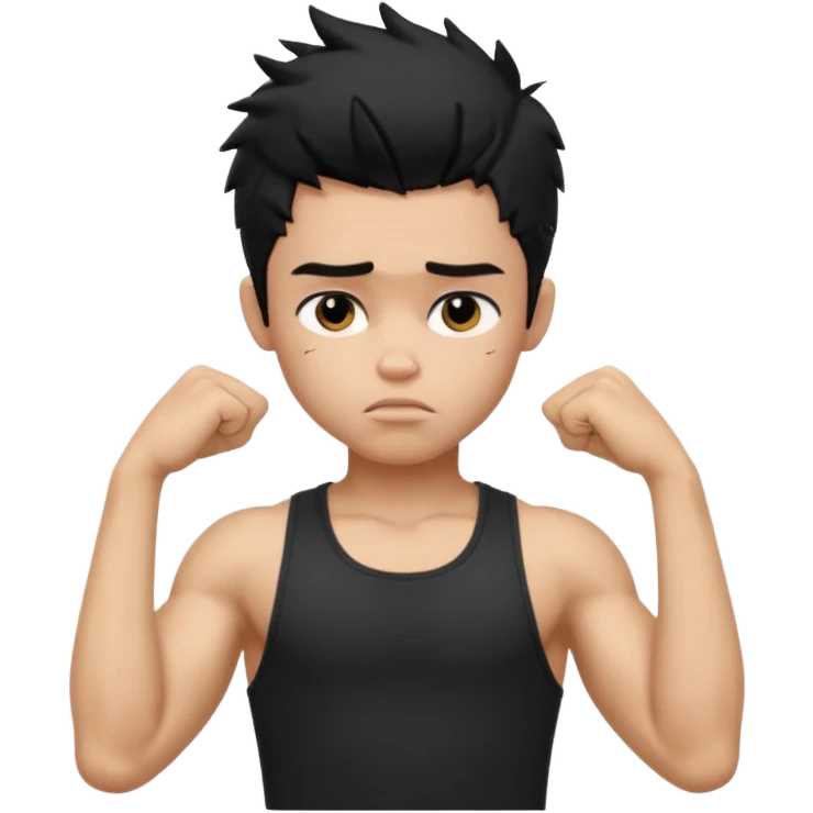 a PRETTY BRATZ boy with black messy hair, one hand on head. looking sad. lean biceps emoji