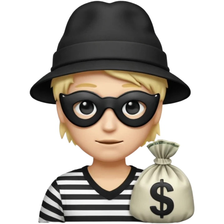 Realistic ios emoji-style portrait of a classic burglar, a black eye mask and a black-and-white striped shirt. emoji-like hair, black hat, a bag of money 💰 with a dollar sign in a right corner, mean expression  emoji
