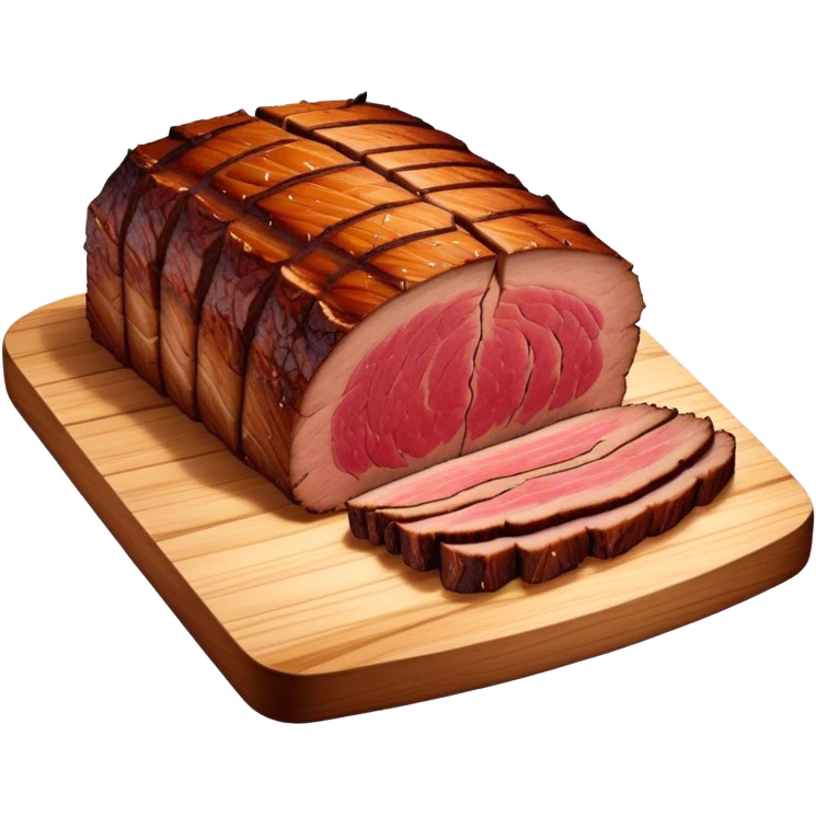 Cinematic smoked brisket, deep mahogany crust, perfectly sliced to reveal juicy marbled meat, warm smoky aroma, served on a wooden board, rich and flavorful, ultra-detailed and appetizing. emoji