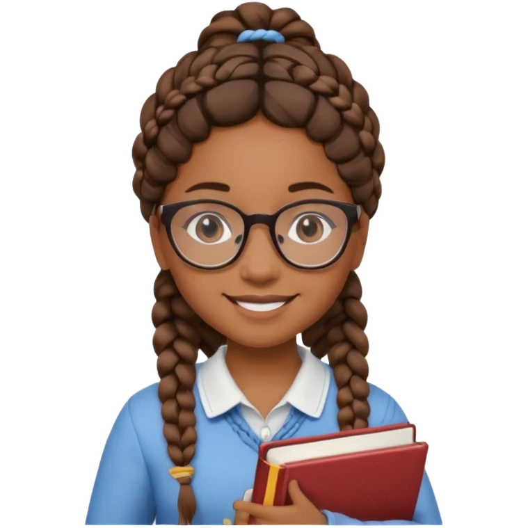 A student, girl, brown skin, braid hair, wearing glasses, hold book in front of their chest emoji