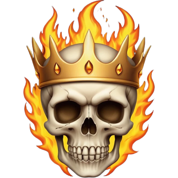 A detailed skull crowned by realistic flames, gothic metal aesthetic, high contrast, soft neutral background, subtle shadow, emoji-style icon, clean edges, digital illustration. emoji