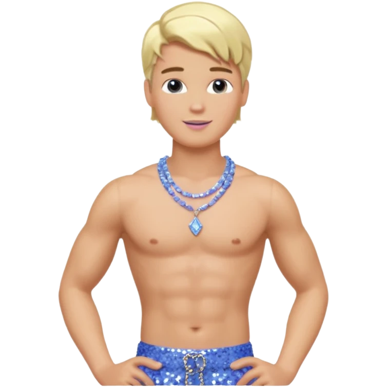 Ken from Barbie with blonde hair, perwinkle sequin baggy pants, shirtless with necklace  emoji