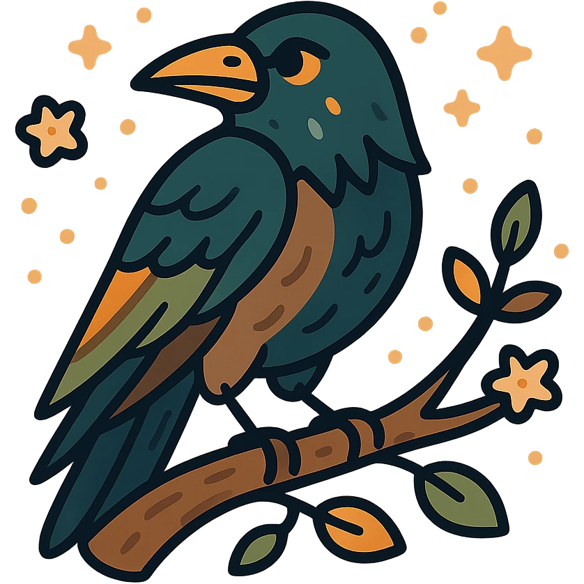 A mysterious crow perched on a branch, surrounded by a soft, magical atmosphere. The crow’s feathers are deep, dark hues with hints of golden orange (FA9B41), forest green (4A7C5C), muted taupe brown (96775A), and pastel peach (FFCC9A) subtly blending into its plumage. The branch is weathered and textured, with small leaves in green and peach tones, and delicate flowers or tiny sparks floating around. The lighting is soft and ambient, casting a warm, mystical glow over the scene, creating a quiet yet enchanting atmosphere. The crow’s sharp eyes and poised posture add to the mysterious, slightly gothic vibe of the moment. emoji