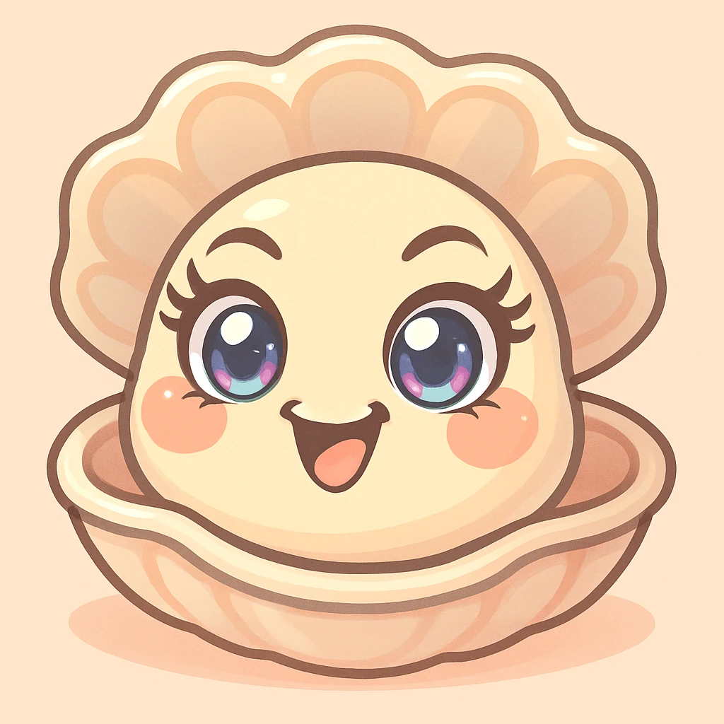 Create a version with even more expressive and luminous eyes, pretty eyelashes, and enhanced pastel, pearly, cream, peach, and greige shades, while keeping the large shell, small oyster, pastel toon style, background, and mischievous expression as in the reference image. emoji