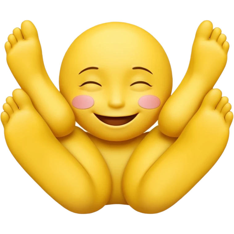 Cute 3D yellow smiley, closed eyes, smile, feet up, hands under chin, white background. emoji