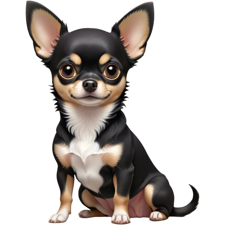Cinematic Noble Black Tri Short Haired Chihuahua Portrait Emoji, Poised and regal, with a compact, muscular build and a striking black tri-color coat with hints of white and tan, deep-set soulful dark eyes, Simplified yet sharp and sophisticated features, highly detailed, glowing with a soft, dignified glow, high shine, intelligent and loyal, stylized with an air of strength, focused and attentive, soft glowing outline, capturing the essence of a watchful and confident guardian, so majestic it feels as though it could step out of the screen with effortless authority! emoji