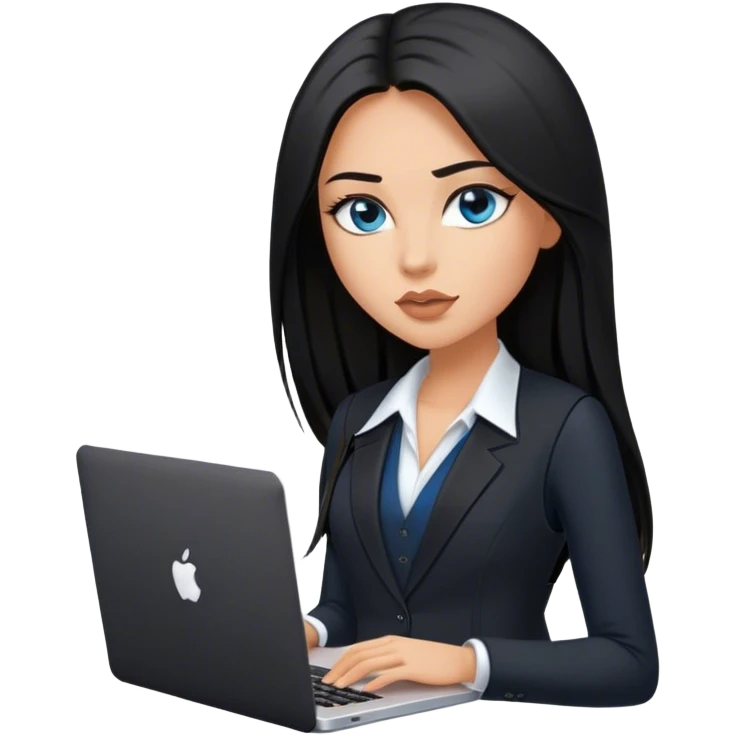 Model glamours tanned beautiful girl with pump nude lips and black straight long hair, straight hair parting, blue eyes with MacBook and black, black suit vest, V-neck - only one person emoji