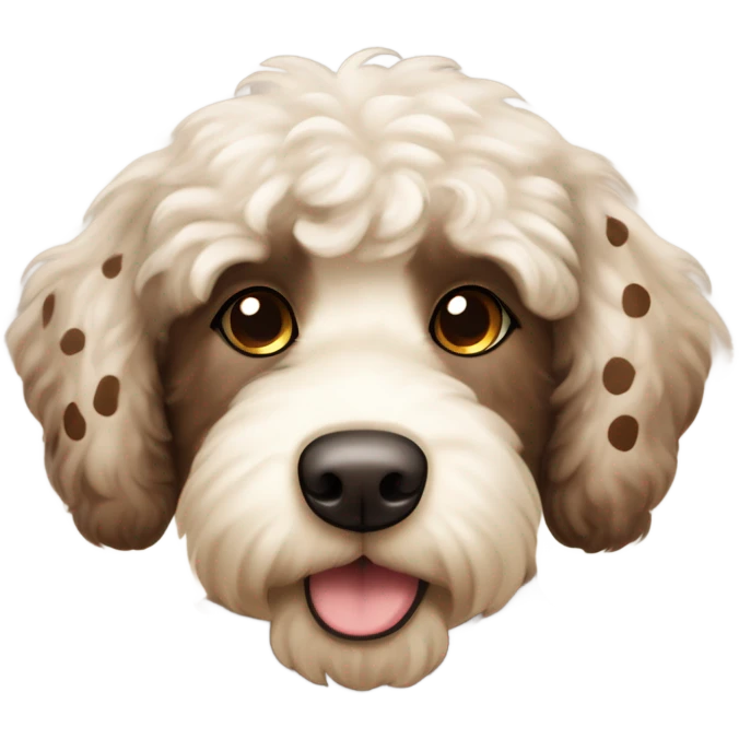 Cream and chocolate brown with spots and brown ears chubby labradoodle with white chest and dark brown eyes  emoji