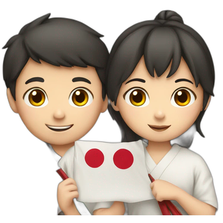 boy and girl holding Japanese flag emoji