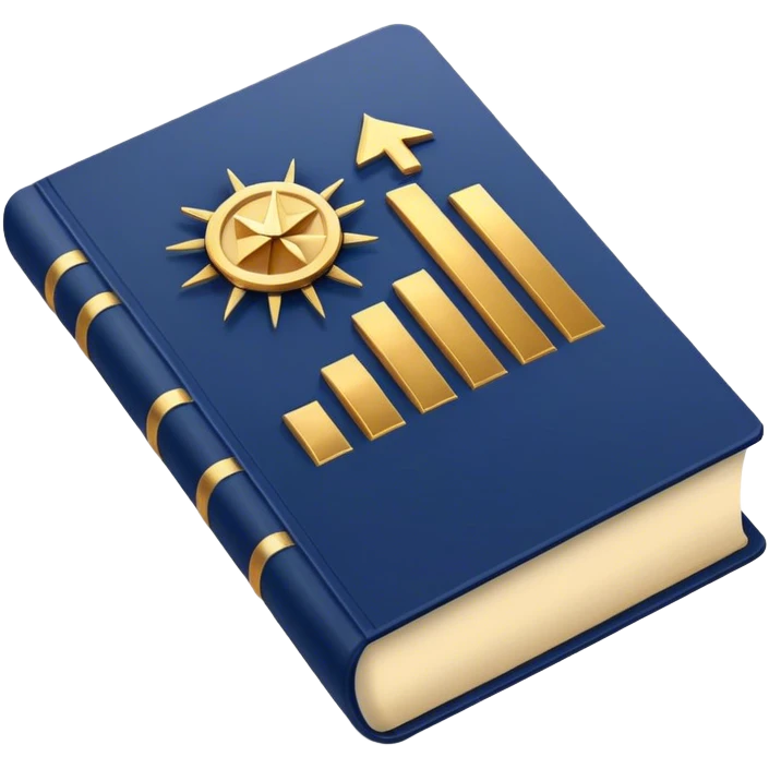 A navy blue productivity book with gold details, chart with upward trend aura, radiating productivity, strategy, and success in motion- emoji