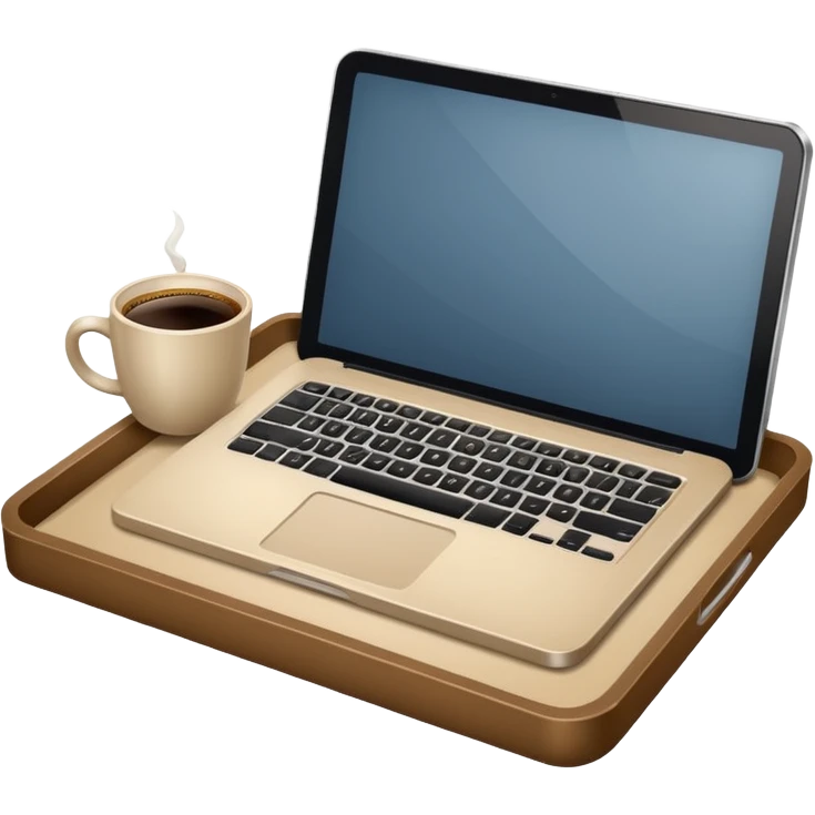 Laptop on the rectangular beige coffee tray, coffee and notebook emoji