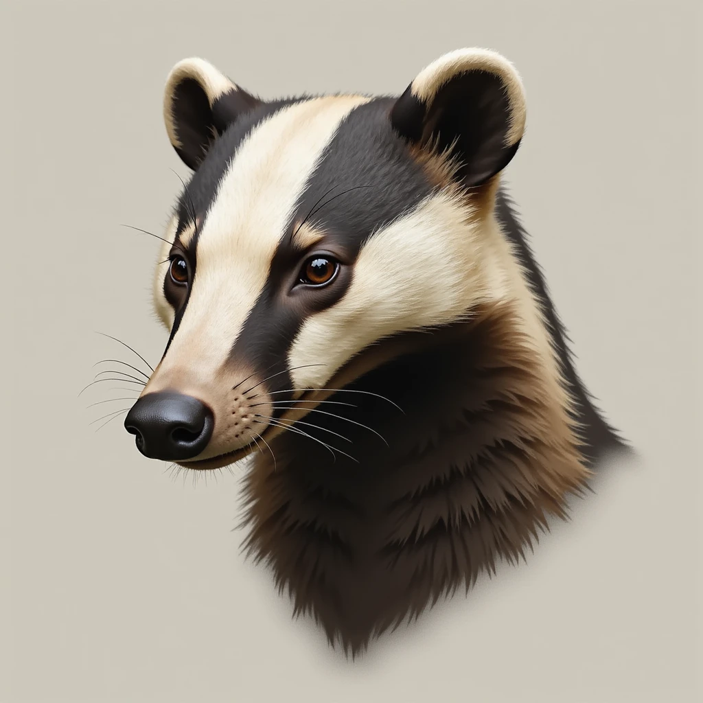 realistic badger head with a sleek headset, neutral background, semi-realistic style emoji