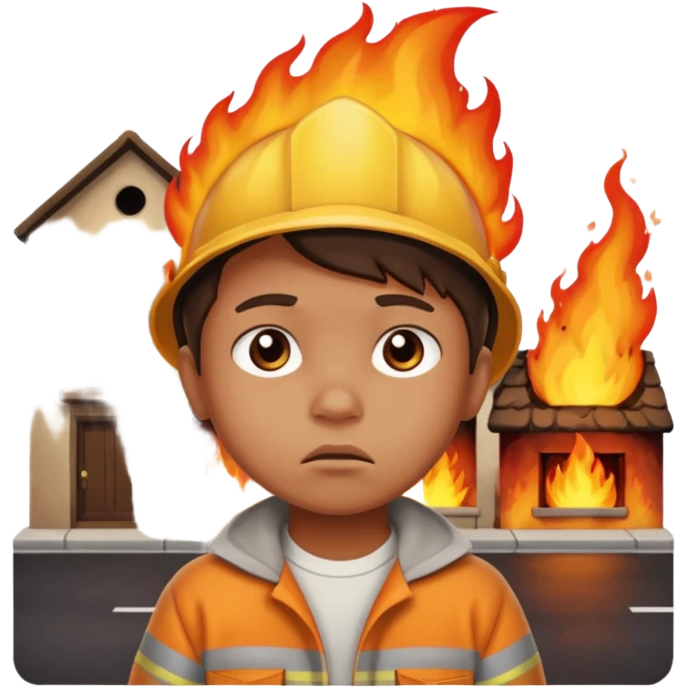 small child with sad expression and a street on fire in the background emoji