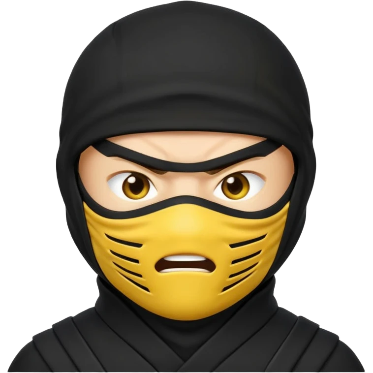angry ninja face emoji, classic yellow emoji face, mouth fully covered by black ninja uniform, only eyes visible emoji