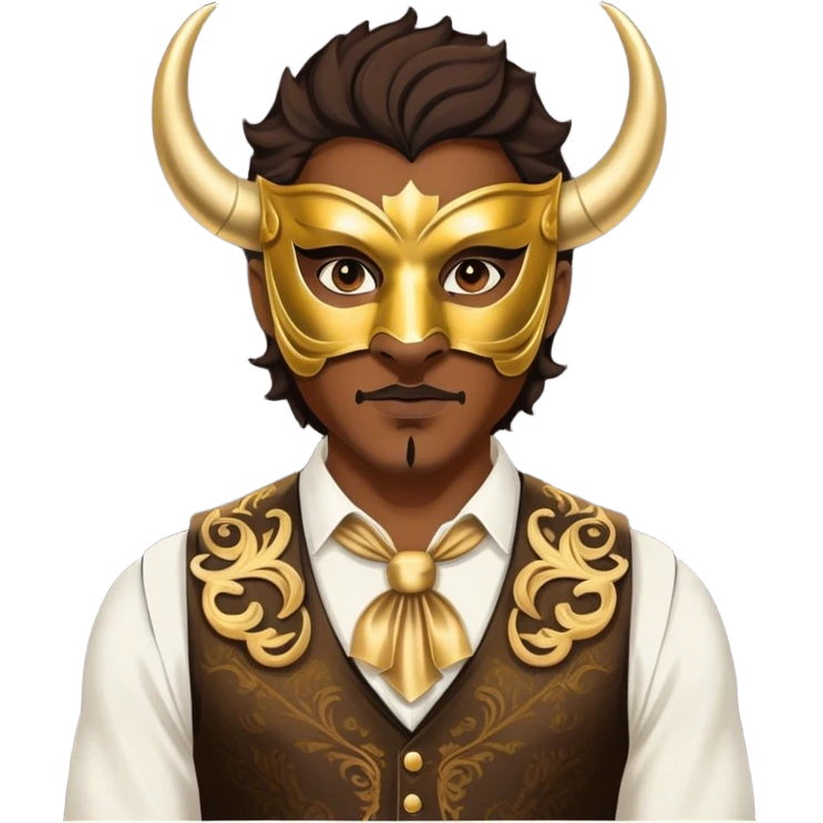 a man, with a vest,  wear half-face golden Buffalo masquerade mask emoji