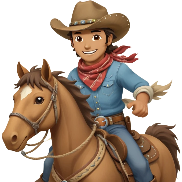 clash-of-clans-aesthetic_-cinematic-playful-cowboy-portrait-emoji, head-tilted with a roguish, cheeky grin and twinkling eyes, featuring a rugged, spirited build with a wide-brimmed cowboy hat and a weathered bandana on tan skin, riding a powerful galloping horse with dynamic flowing mane, reins gripped firmly in one hand and a lasso in the other, as dust swirls behind them in a vast desert landscape. emoji