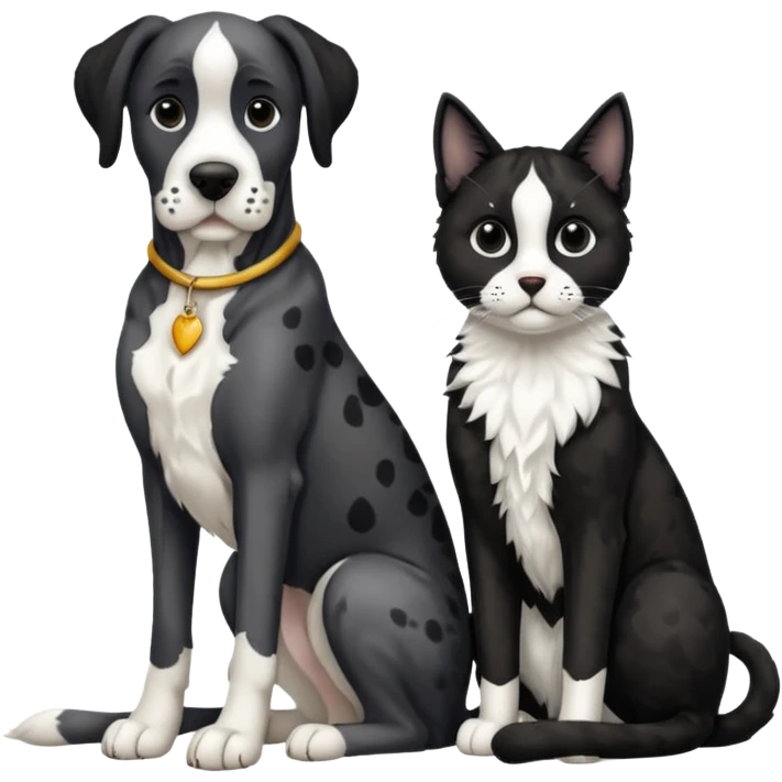 Black and white great dane dog sitting with a black and white cat emoji