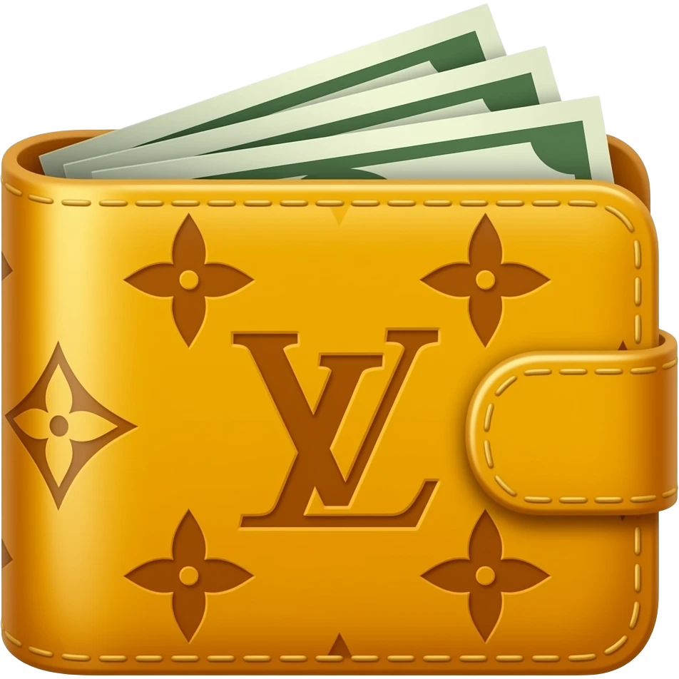 A yellow Louis Vuitton wallet containing a few bills emoji