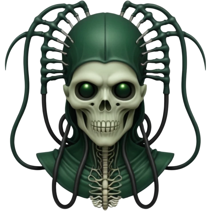 HR giger, wires, dark green, black flesh undead sorcerer, head. bones and skin emoji