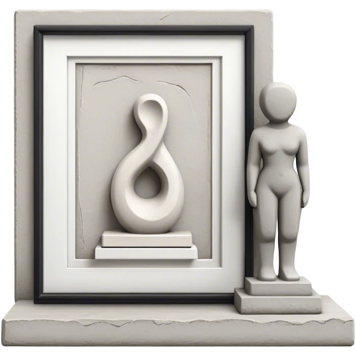 Plaster sculpture and concrete sculpture, small and large, standing side by side, simple and textured, sculpting tools nearby, minimalistic, on a white background, no extra details. emoji