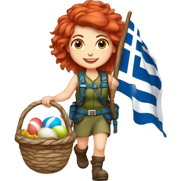 Greek Female winter mountaineer red hair white skin climbing with Greek Flag and Easter eggs basket emoji