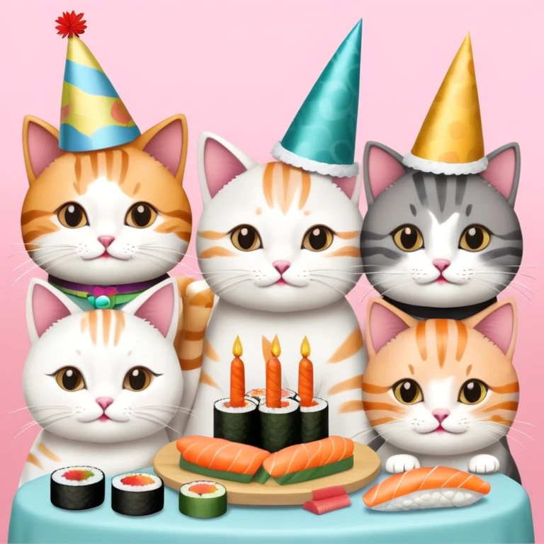 Nine cats eating sushi at a birthday party emoji