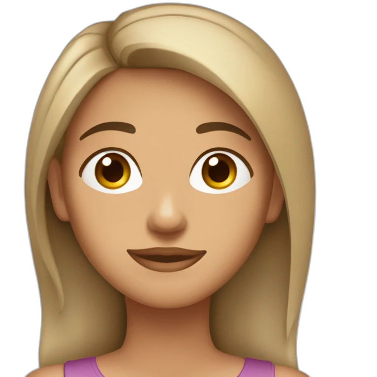 Mujer mediana edad Pelo largo y moreno, tez blanca, nariz chata, ojos un poco rasgados y marrones y la cara redondo da emoji