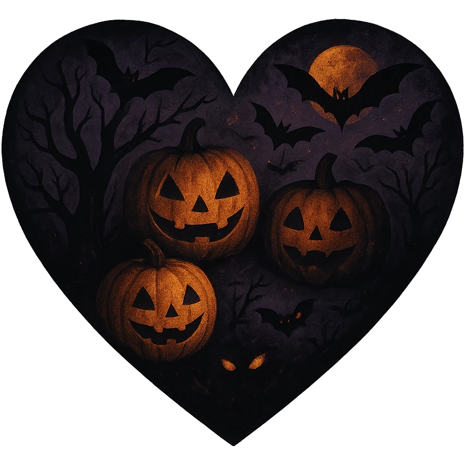 heart with Halloween theme, spooky, pumpkins, bats, dark colors emoji