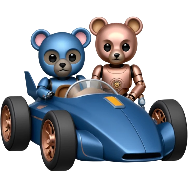  Space-weathered/Carbonized Metallic dark blue and rosegold-accented  racing car for furry-faced grey bearded evil alien scary robot teddy bear and passenger with custom aero body and rear spoiler (Star Wars style) emoji
