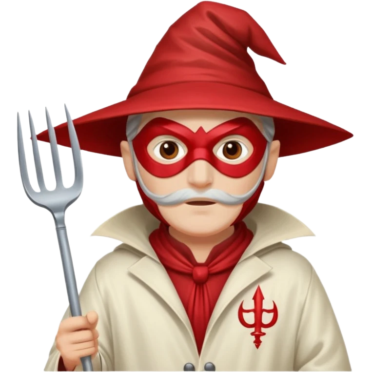 Wizard with a pointy red mask and holding a pitch fork wearing a long white jacket  emoji