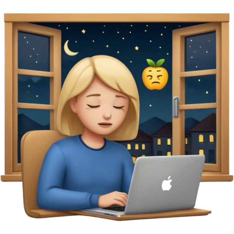 tired student with laptop, window at night behind, eyes closed, apple style emoji emoji