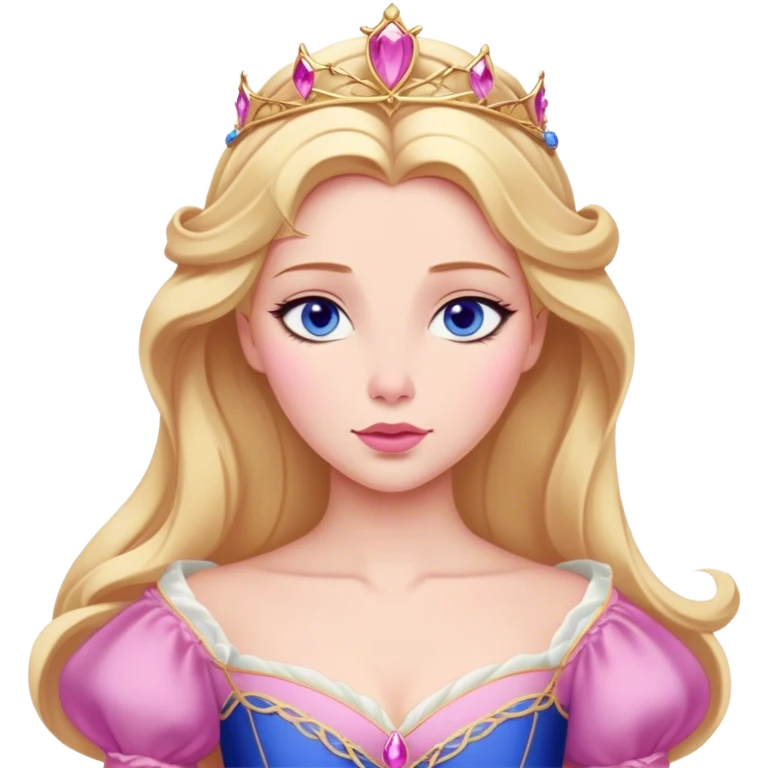Cinematic Realistic Sleeping Beauty (Aurora) Portrait, with porcelain-like skin featuring a natural rosy flush, illuminated by soft lighting that highlights the gentle contours of her face. Her golden blonde hair flows in soft, detailed waves with subtle highlights that shimmer in the light. Her deep violet-blue eyes radiate warmth and innocence, framed by arched brows and long lashes. Her serene expression exudes quiet elegance. She is dressed in her classic pink gown, the fabric rich in texture with delicate folds that catch the light. A golden crown rests atop her head, gleaming with royal refinement. The portrait captures a soft, glowing aura, blending realism with an ethereal sense of beauty and timeless enchantment. emoji