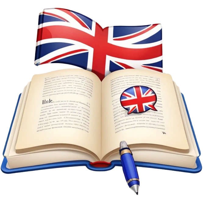 An icon featuring an open book with English words and phrases, a speech bubble with 'hello', and a British flag. The design includes a pen, alphabet letters, and grammar symbols, symbolizing the study and mastery of the English language. Transparent background. emoji