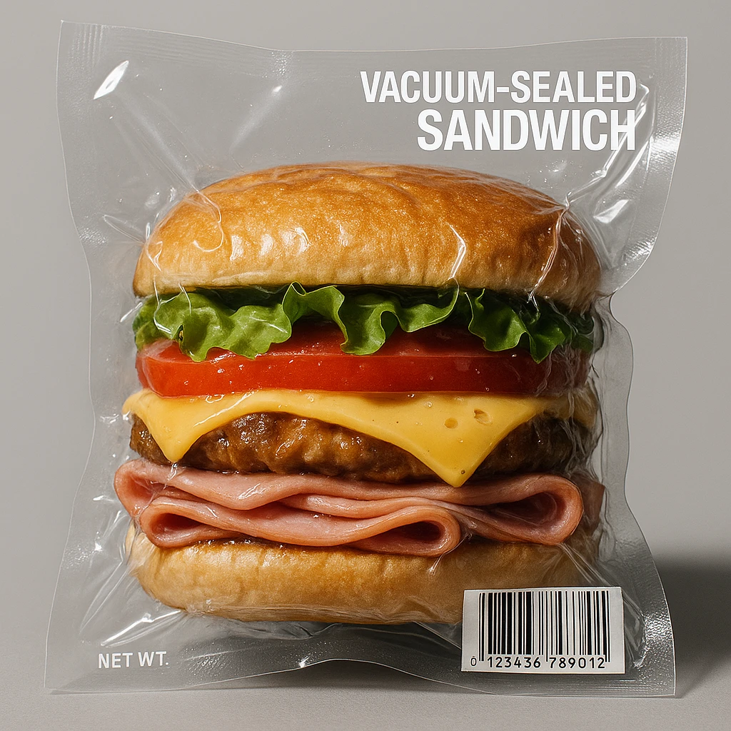 vacuum-sealed sandwich, compressed and glossy in clear plastic emoji