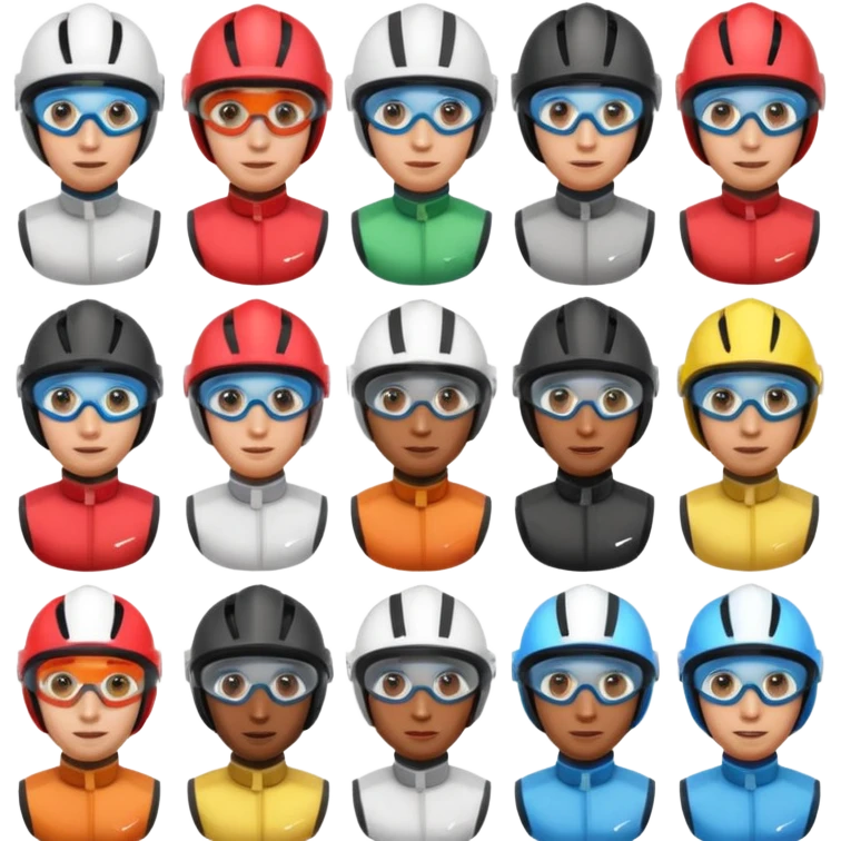 diverse horse race jockey portraits, head and shoulders only, different skin tones, different helmet colors, racing goggles, 3D cartoon, mobile game icon style, clean background, no text, no watermark
 emoji
