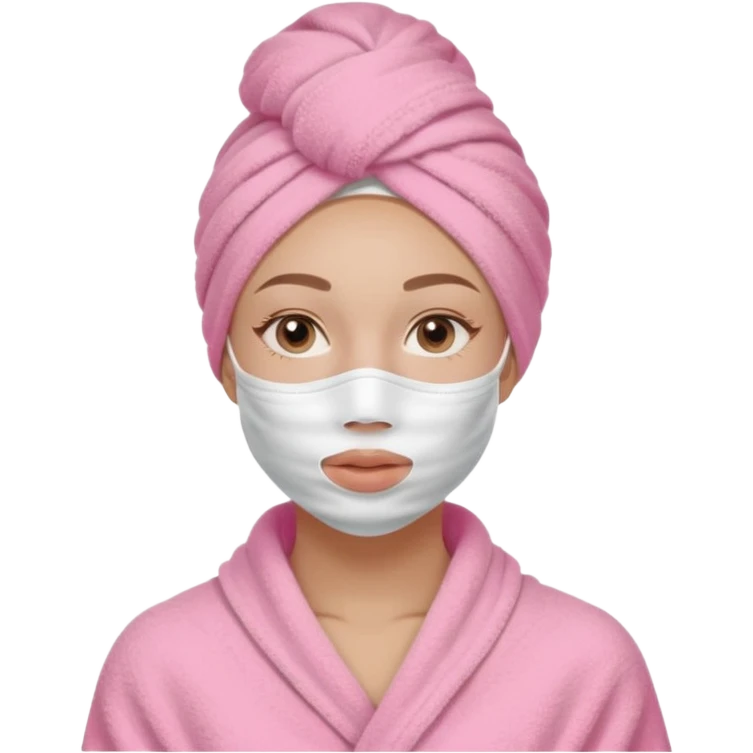 Clean girl influencer character, chest-up portrait, wearing a pink towel wrapped around the head, half-face skincare mask (applied only on one side of the face), relaxed confident expression, , minimal chic self-care aesthetic, subtle beauty accessories emoji
