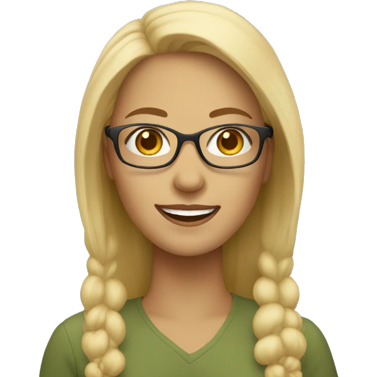 blonde woman with light brown glasses smiling emoji