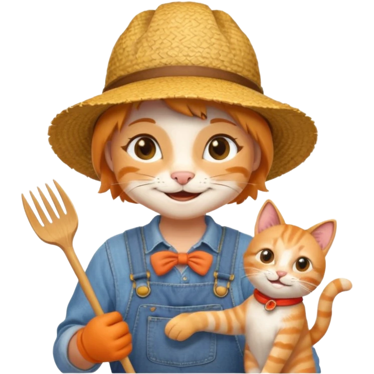 farmer cat gardener in denim overalls with a straw hat emoji