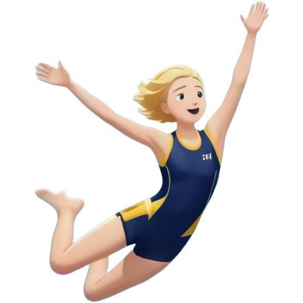 A young, inexperienced person stands at the edge of a pool named “Confidence,” mid-jump, arms open wide. Below, skilled divers are already in motion—but this person dives in with bold energy, unshaken by their lack of experience. The water sparkles,  emoji