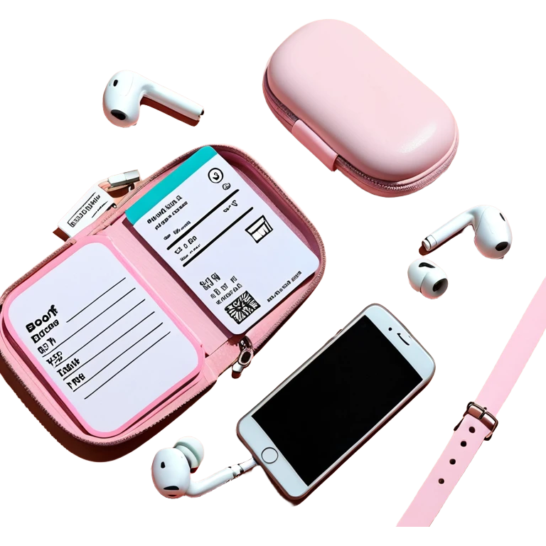 Minimal travel essentials flatlay: pastel pink pill case, earbuds case, boarding pass on light fabric emoji