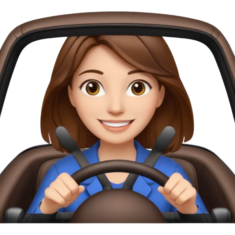 Brown hair woman driving car. Happy face emoji