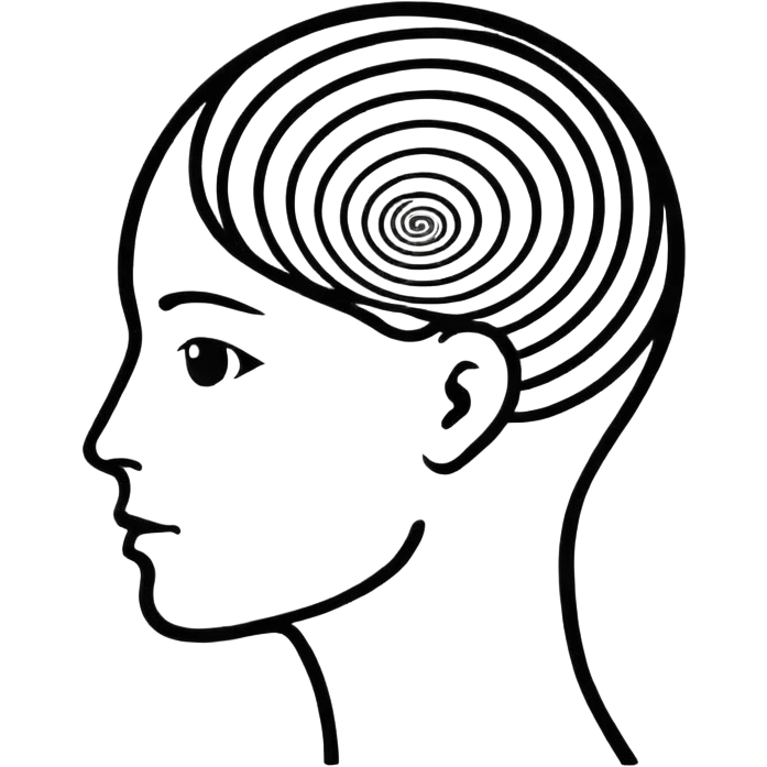 Minimalistic flat vector icon, iOS style, thin black contour on white background. Human head silhouette with spiral inside. Clean, no text, no shadows.
 emoji